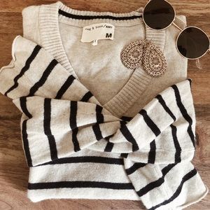 Rag & Bone, Tan & Dark Navy Striped, V-neck Sweater with Pockets, Size Medium